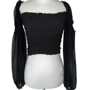 Cloud Ten Smocked Off the Shoulder Black Sheer Sleeve Whimsigoth Y2k Crop Top S